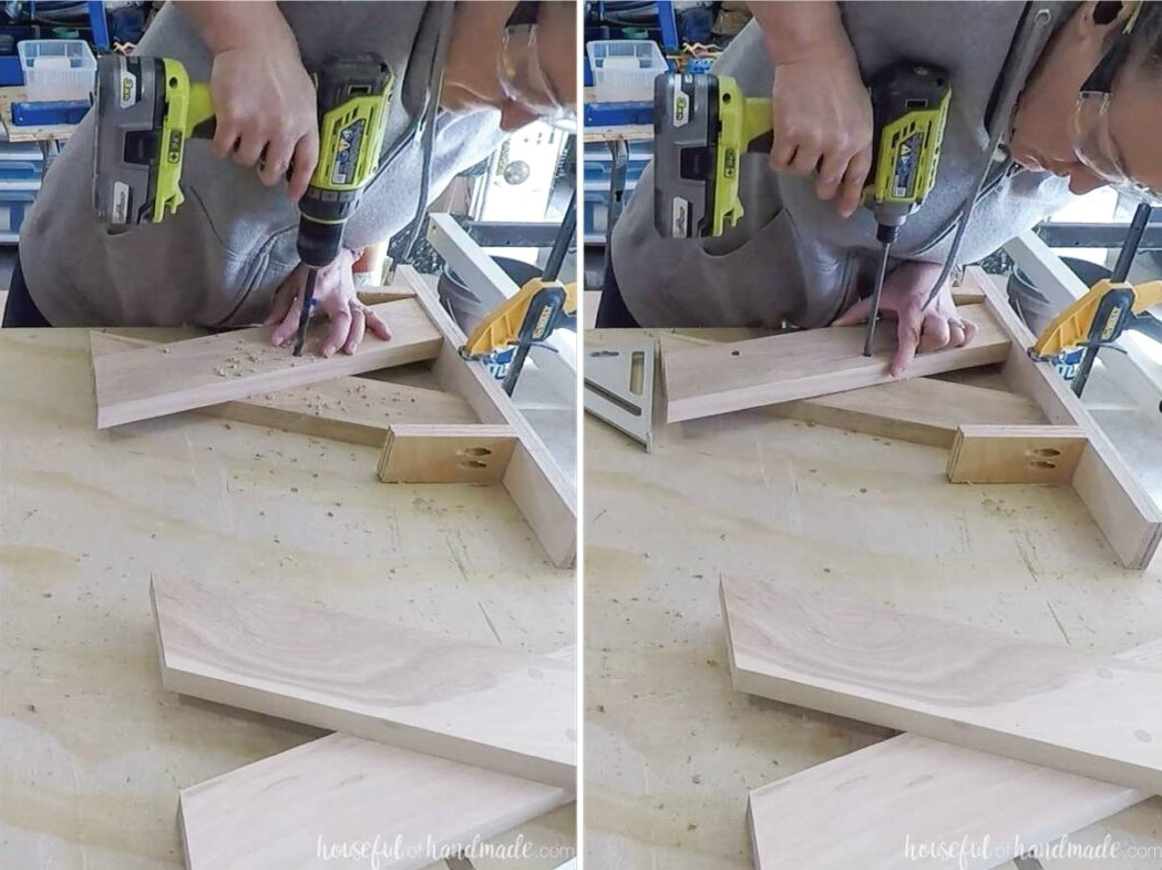Two pictures showing drilling the holes for the screw and driving in the screw in the hole on one side of the x-legs. 