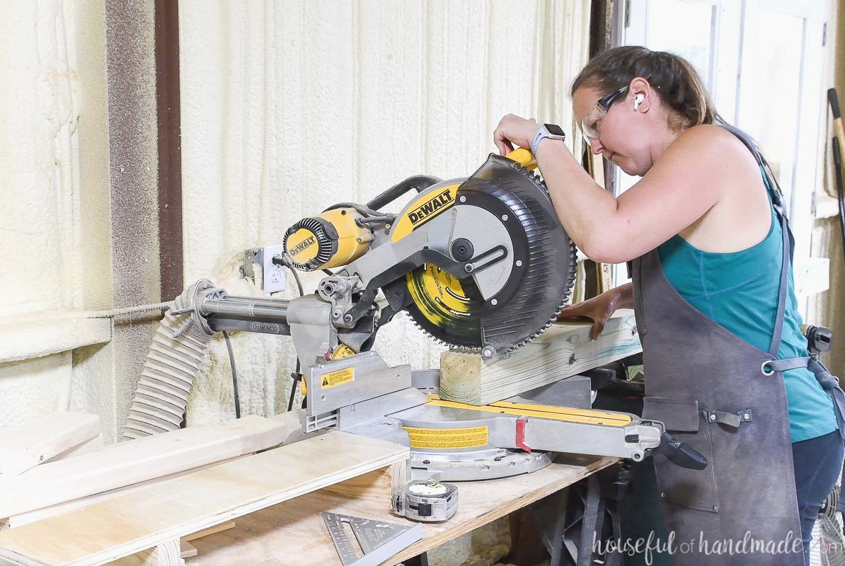 Slicing 4x4 boards on a miter saw at a 15 degree angle.