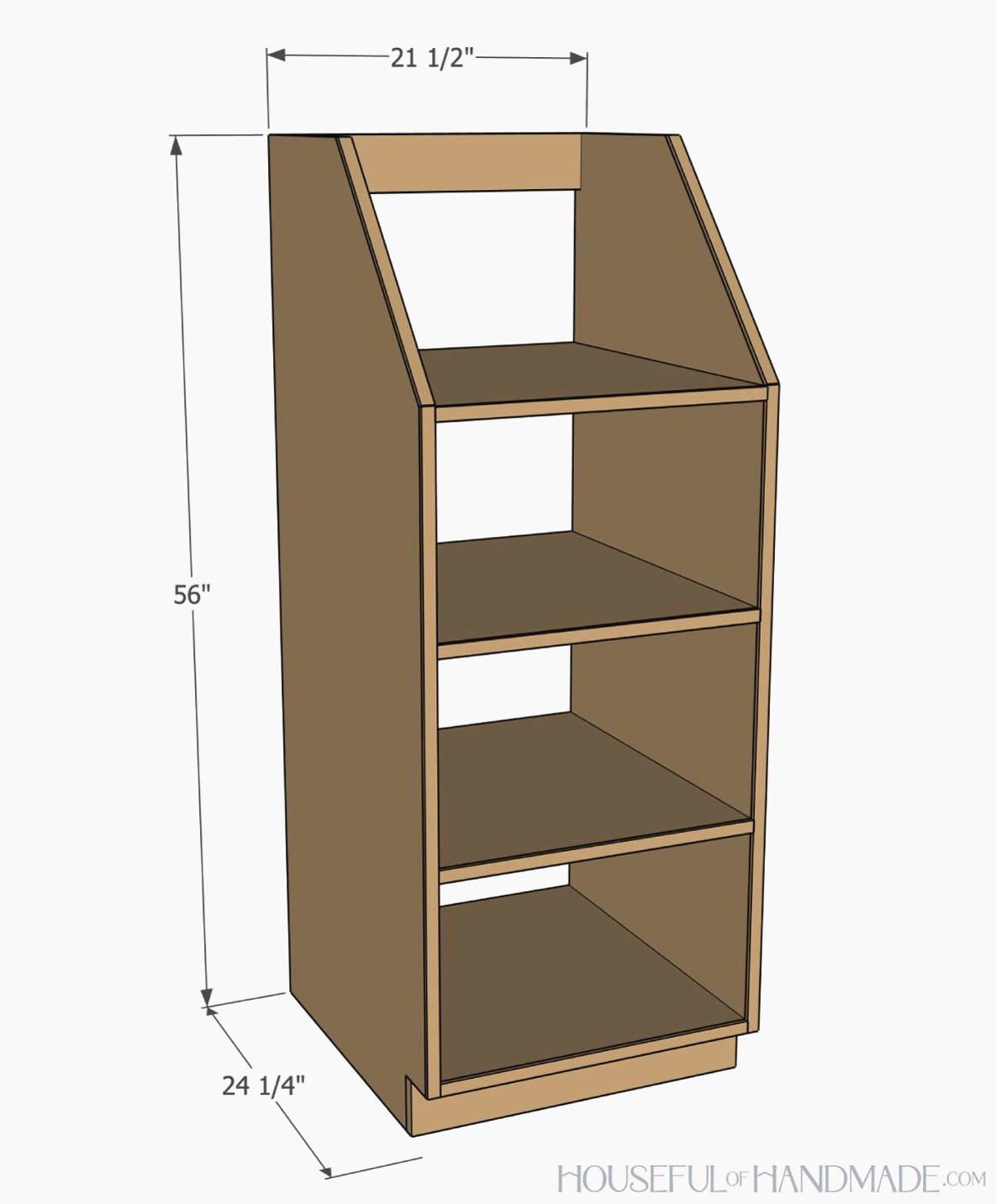 3D sketch of a stackable laundry basket cabinet with dimensions noted.