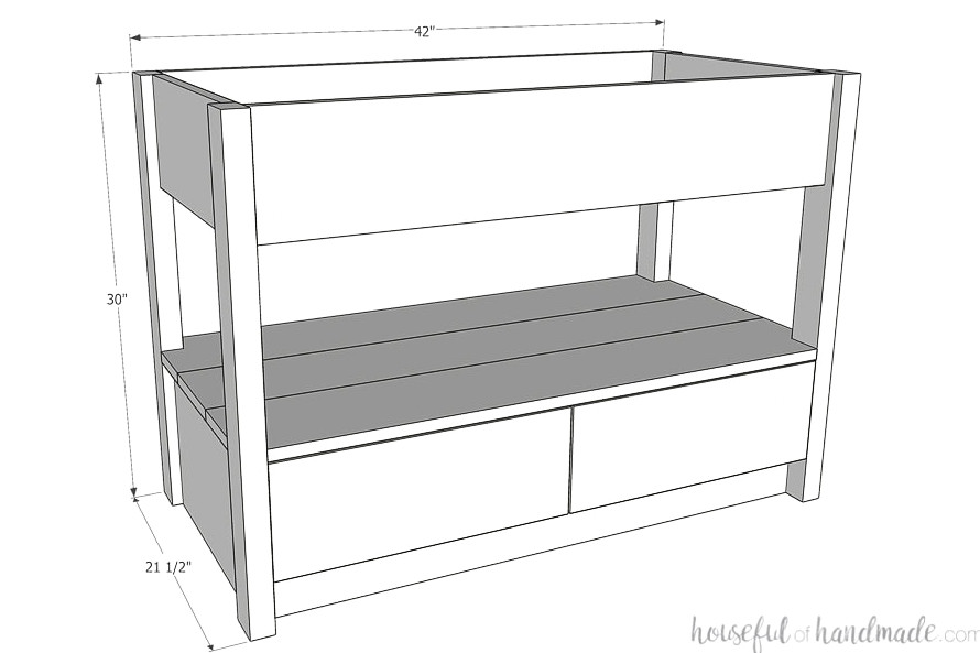 Three-dimensional vanity drawing with the measurements labeled. 