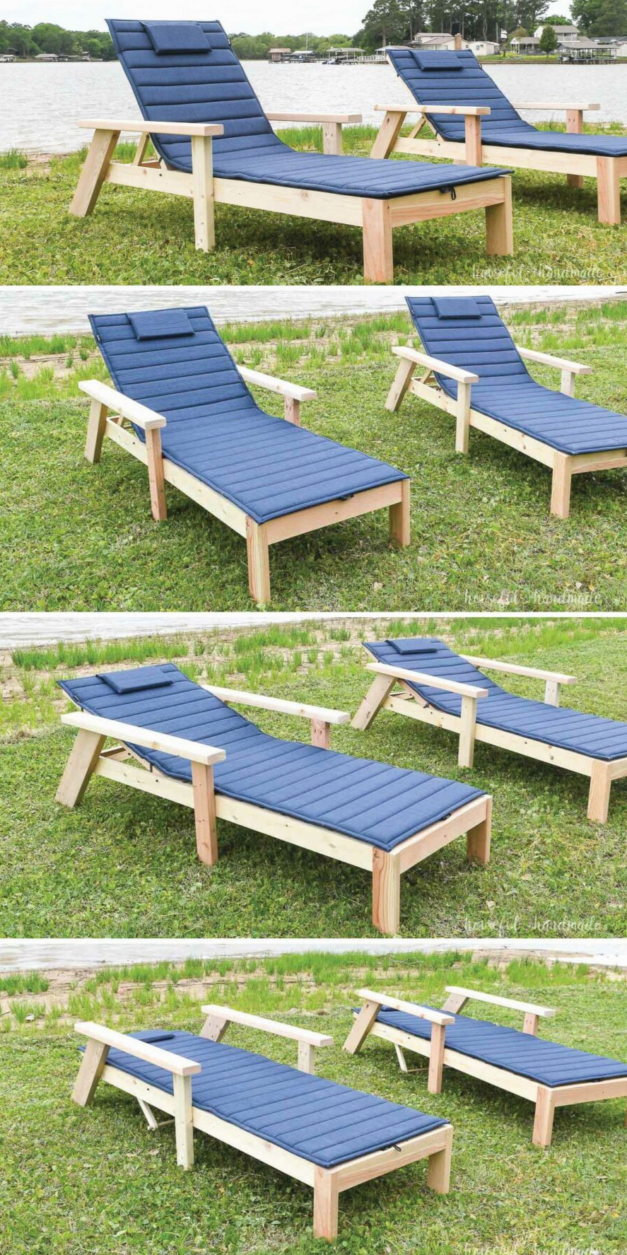 Four pictures showing the 3 different angles the chaise lounge chair can adjust to and the fully flat option.