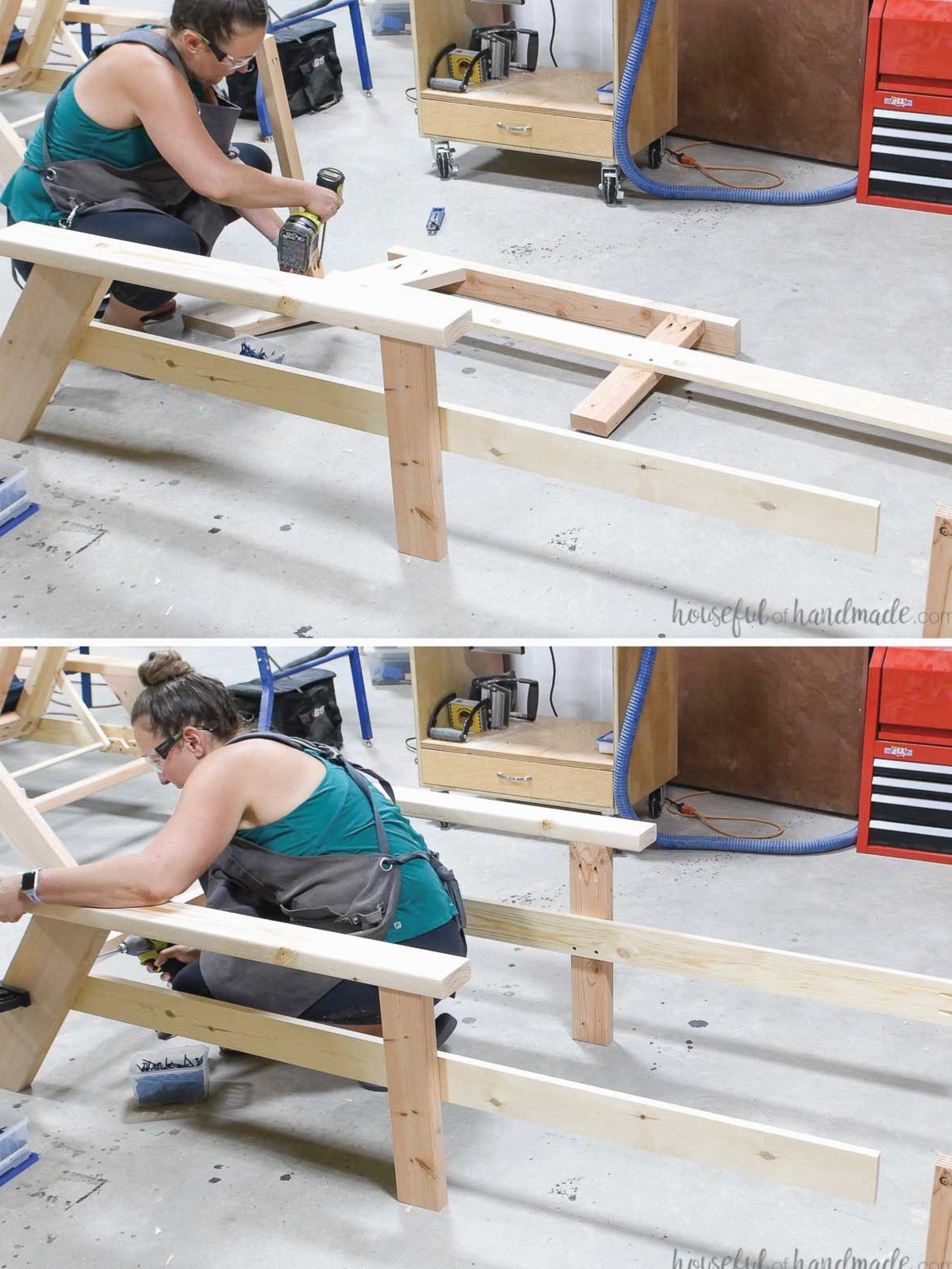 Joining the two chaise lounge sides with a 2x2 positioned at the rear of the rails.