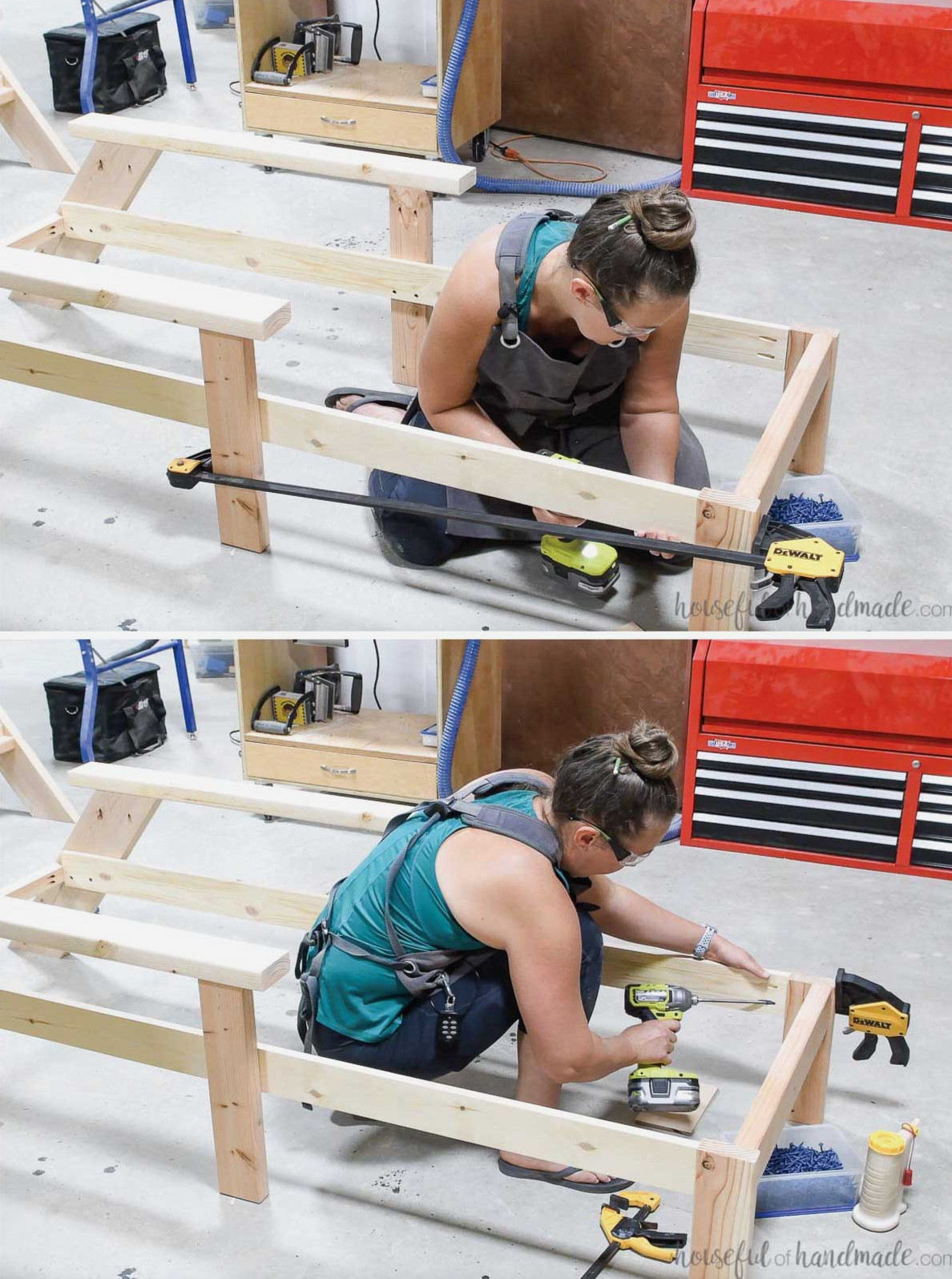 Connecting the front legs to the rails to form the chaise lounge frame.
