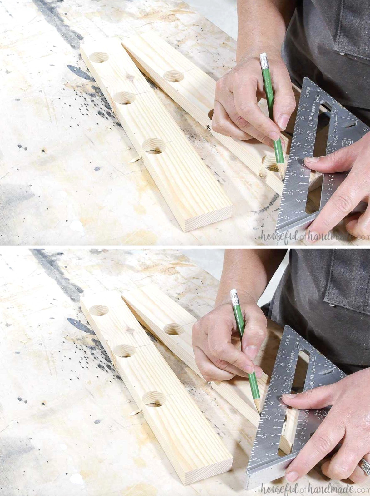 Drawing lines around the drilled holes to trim out the board.