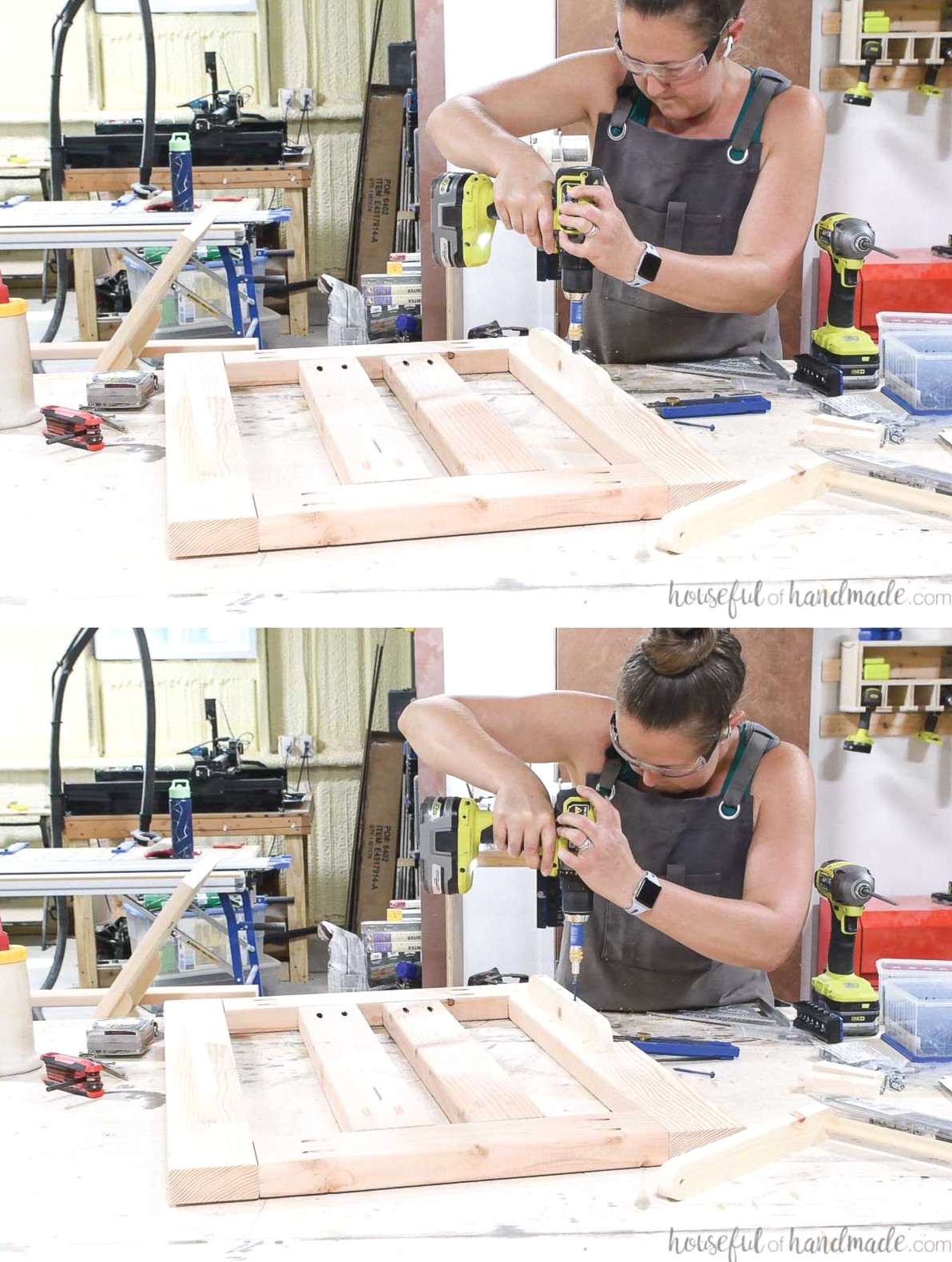 Attaching curved 1x2 boards to the back of the assembled backrest.