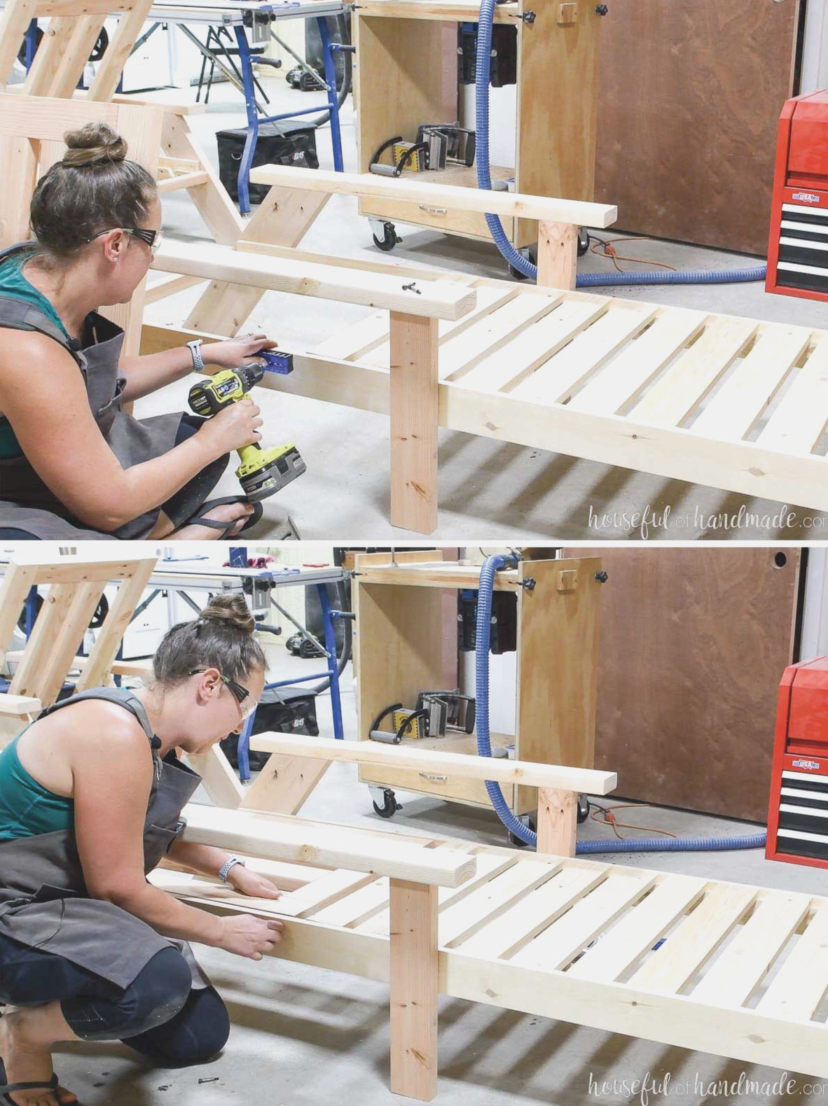 Drilling through the side rails so the lounge chair backrest can pivot.