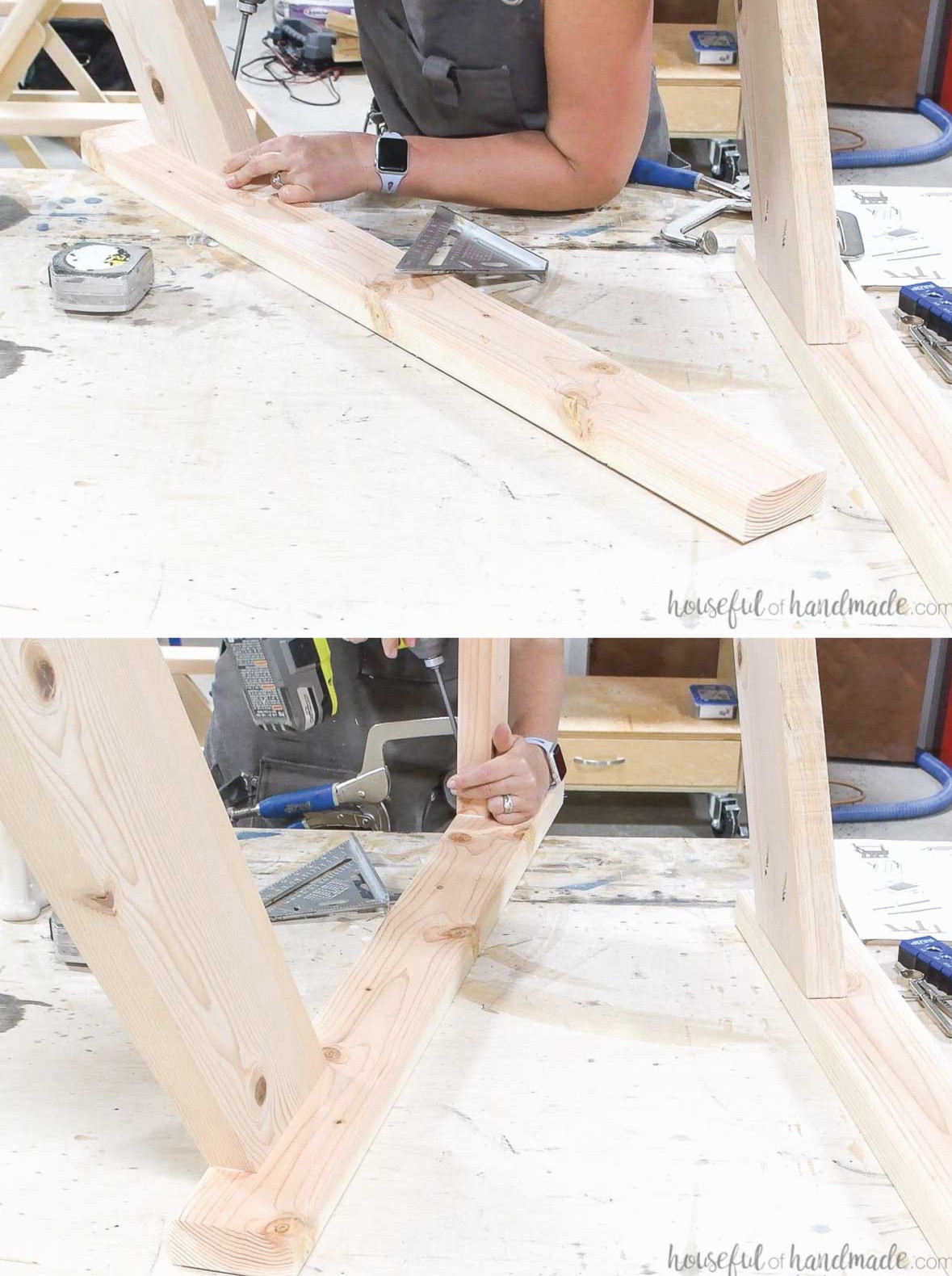 Fastening the leg pieces to the arm piece.