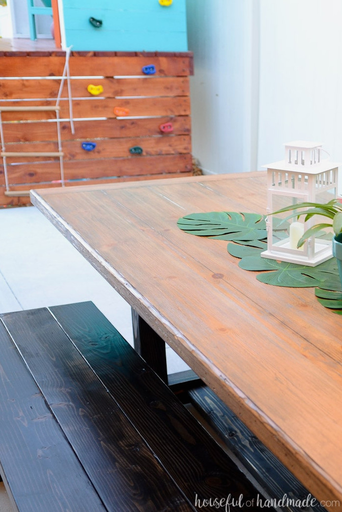 Overhead view of a diy outdoor dining table with build plans