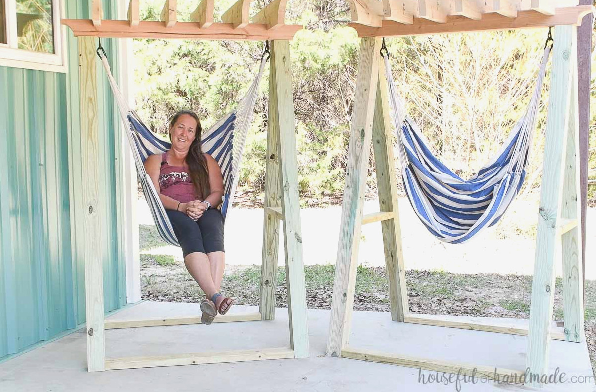 Kati relaxing in the hammock chair on the DIY hammock chair stand.
