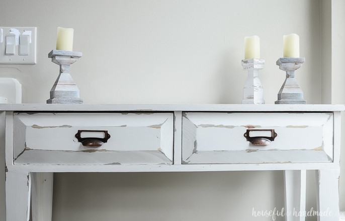 The upper two drawers during construction of the small console table. Ample storage space inside. Housefulofhandmade.com
