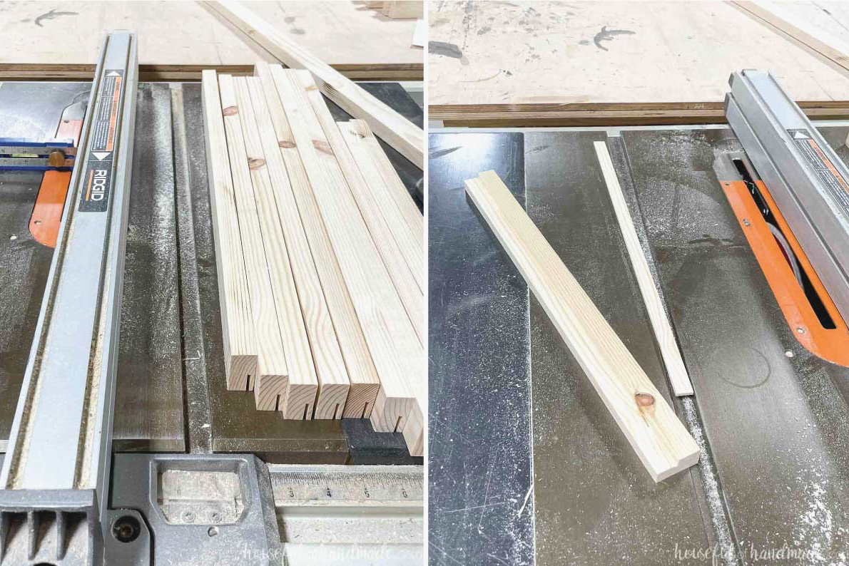 Cutting grooves into strips of 1x2 boards on a table saw.