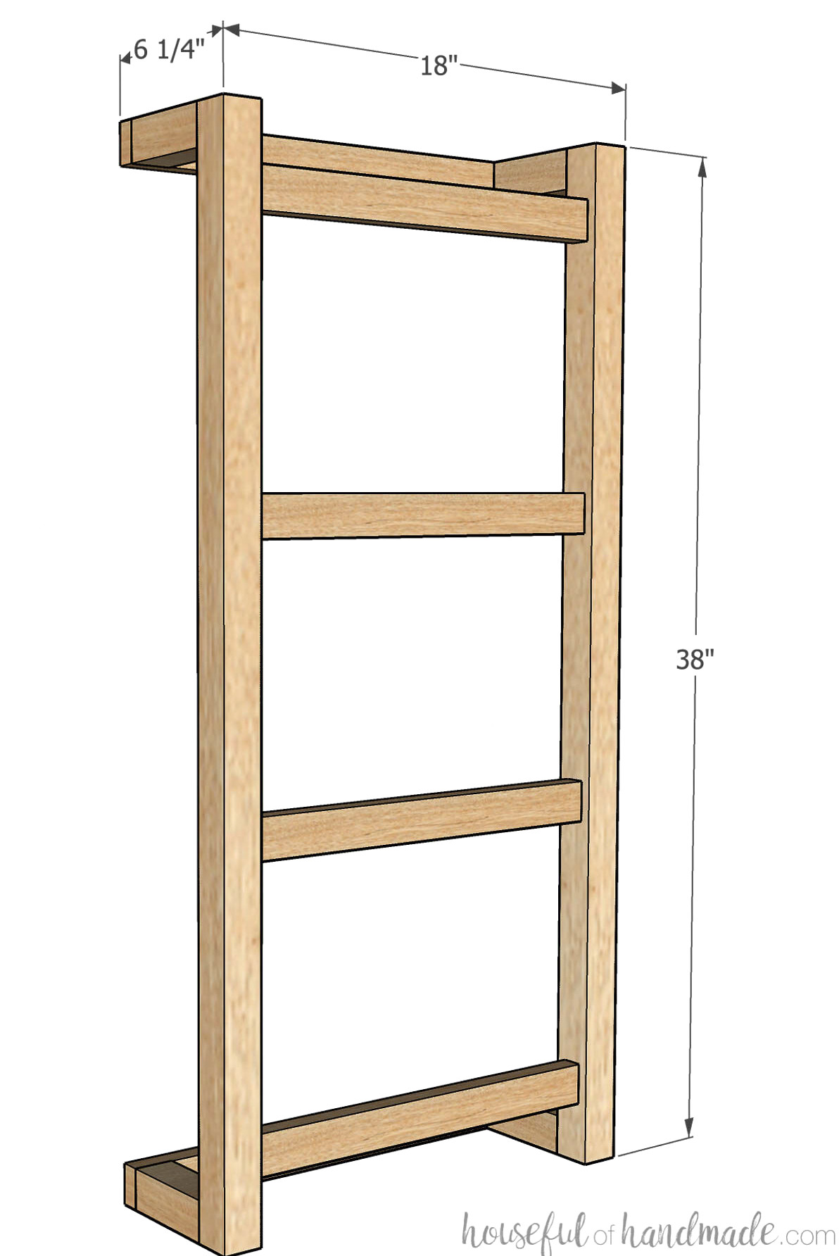 3D SketchUp illustration of the wall-mounted blanket ladder with its dimensions shown.