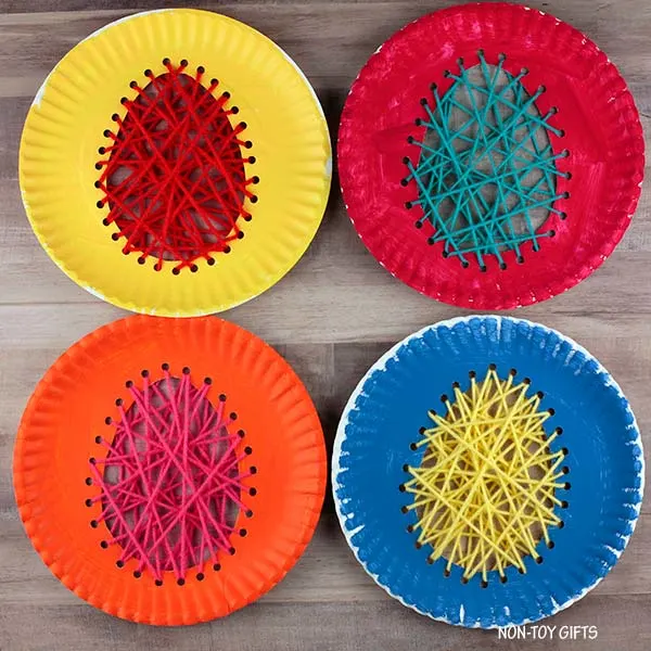 Easter egg craft made from a paper plate with a free printable pattern