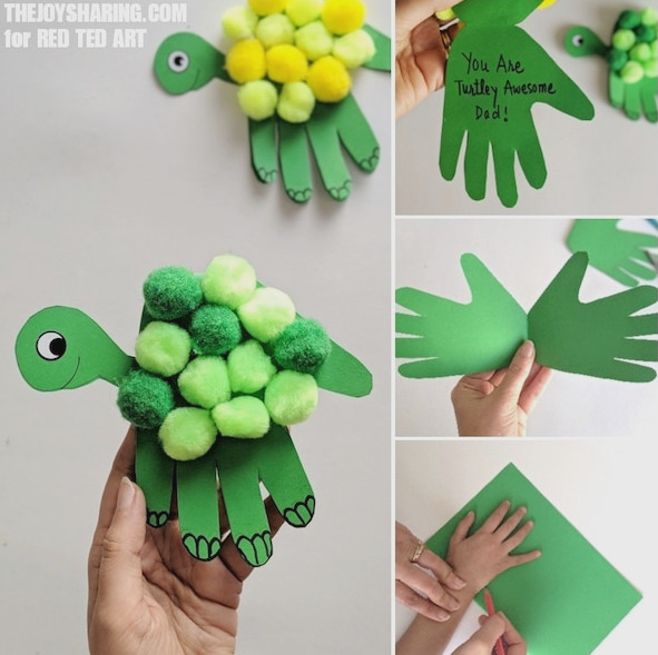 Step-by-step collage for making a turtle Handprint card for Dad