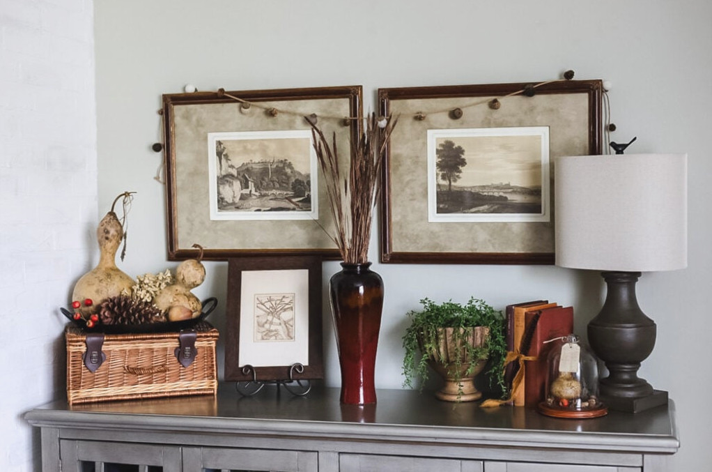 console cabinet decorated for fall