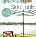 3D sketchup of the umbrella side table and picture of the finished build with text: DIY Umbrella Side Table Get the build plans".