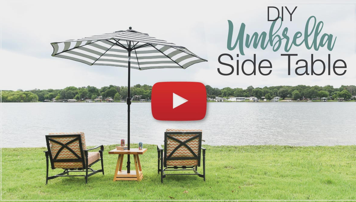 YouTube thumbnail featuring the DIY umbrella side table with a play icon in the middle.