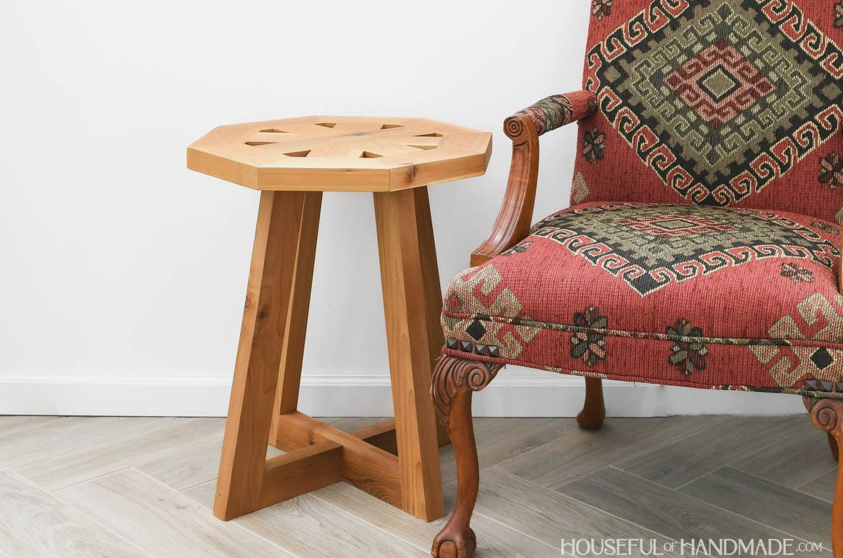 Beautiful cedar end table with octagon top and open base.