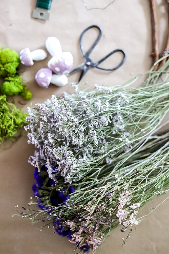 supplies to make a fairy wreath including dried flowers