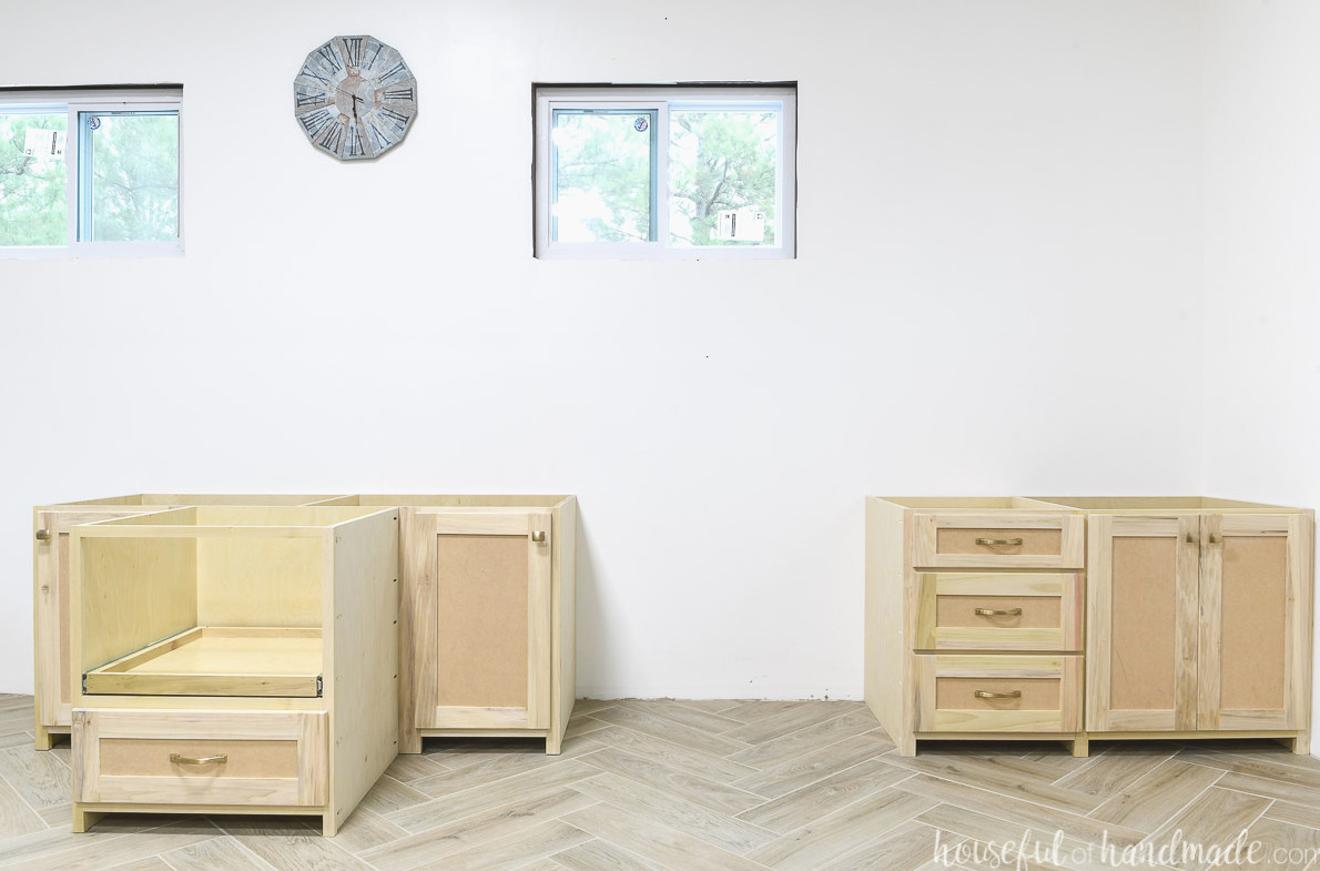 One half of the built in desk for two computers with lots of drawers and cabinets for storage.
