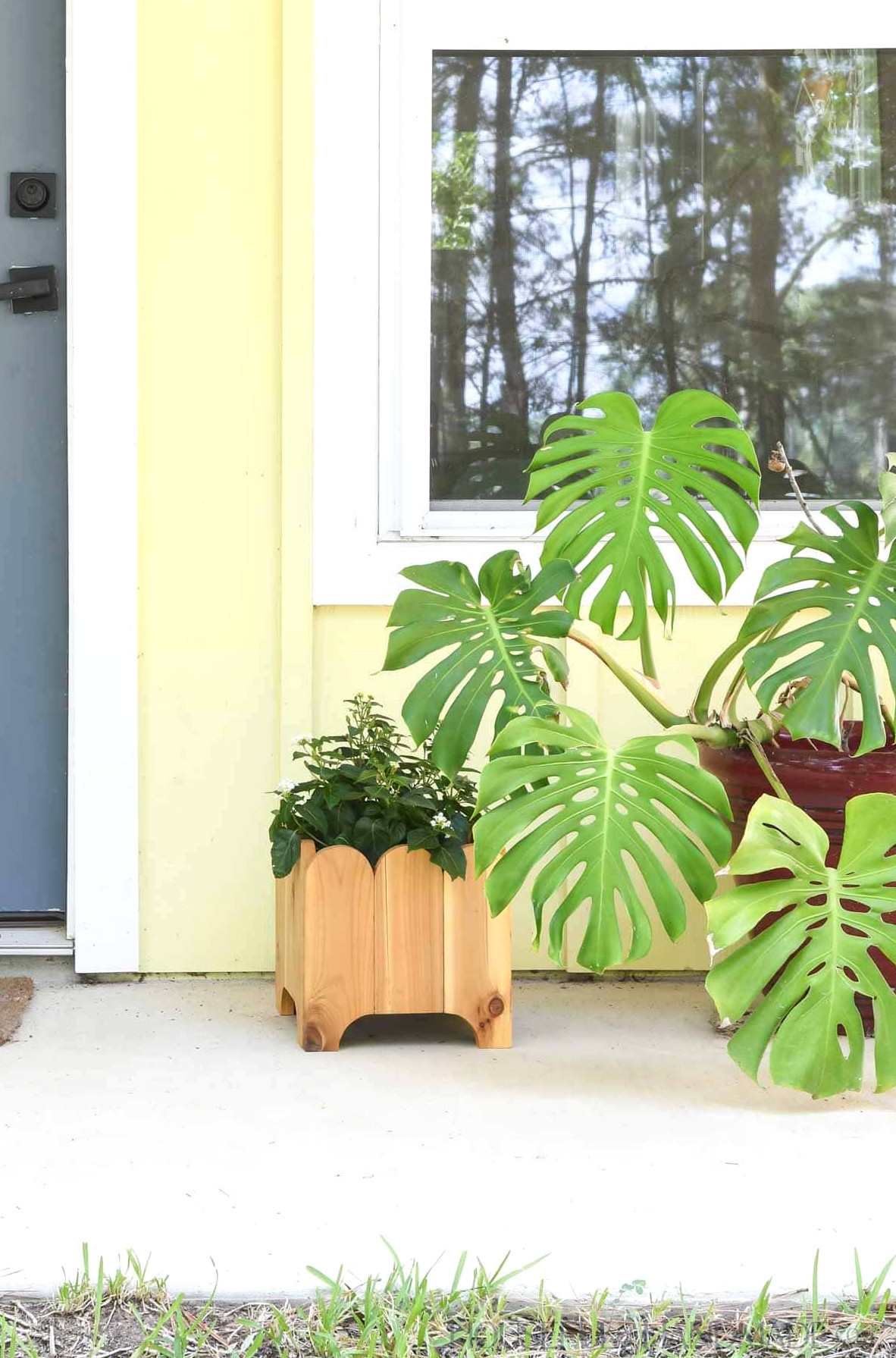 Front porch styled with a cedar planter featuring scalloped trim and a monstera plant. 