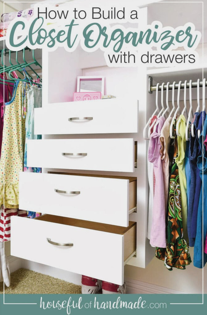 Closet organizer with drawers open in a kids closet.
