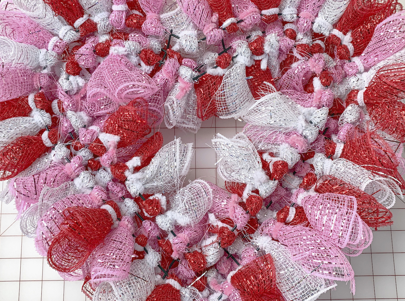 Back of a heart shaped mesh wreah