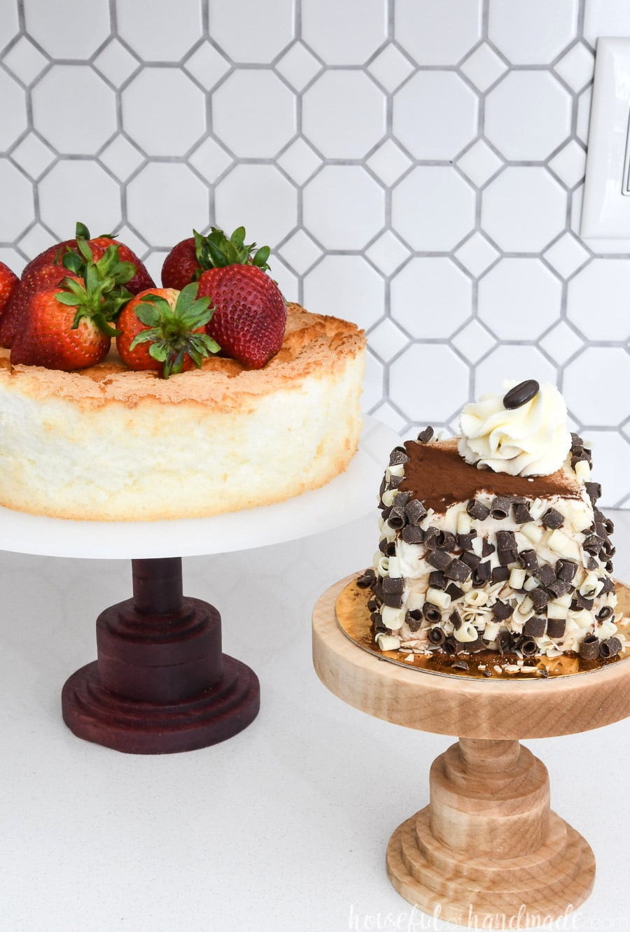 DIY cake stands crafted from Tiger Maple and Purple Heart with acrylic tops displaying cakes.