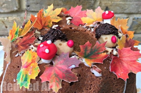 Thanksgiving Cake Decorating Ideas - How cute is this Fall Cake? Completely edible and oh so cute! We made this as my Mother in Law's Birthday Cake. The kids helped make the cake, hedgehogs and mushrooms.. the assembly of this Birthday/ Thanksgiving cake is super easy too!