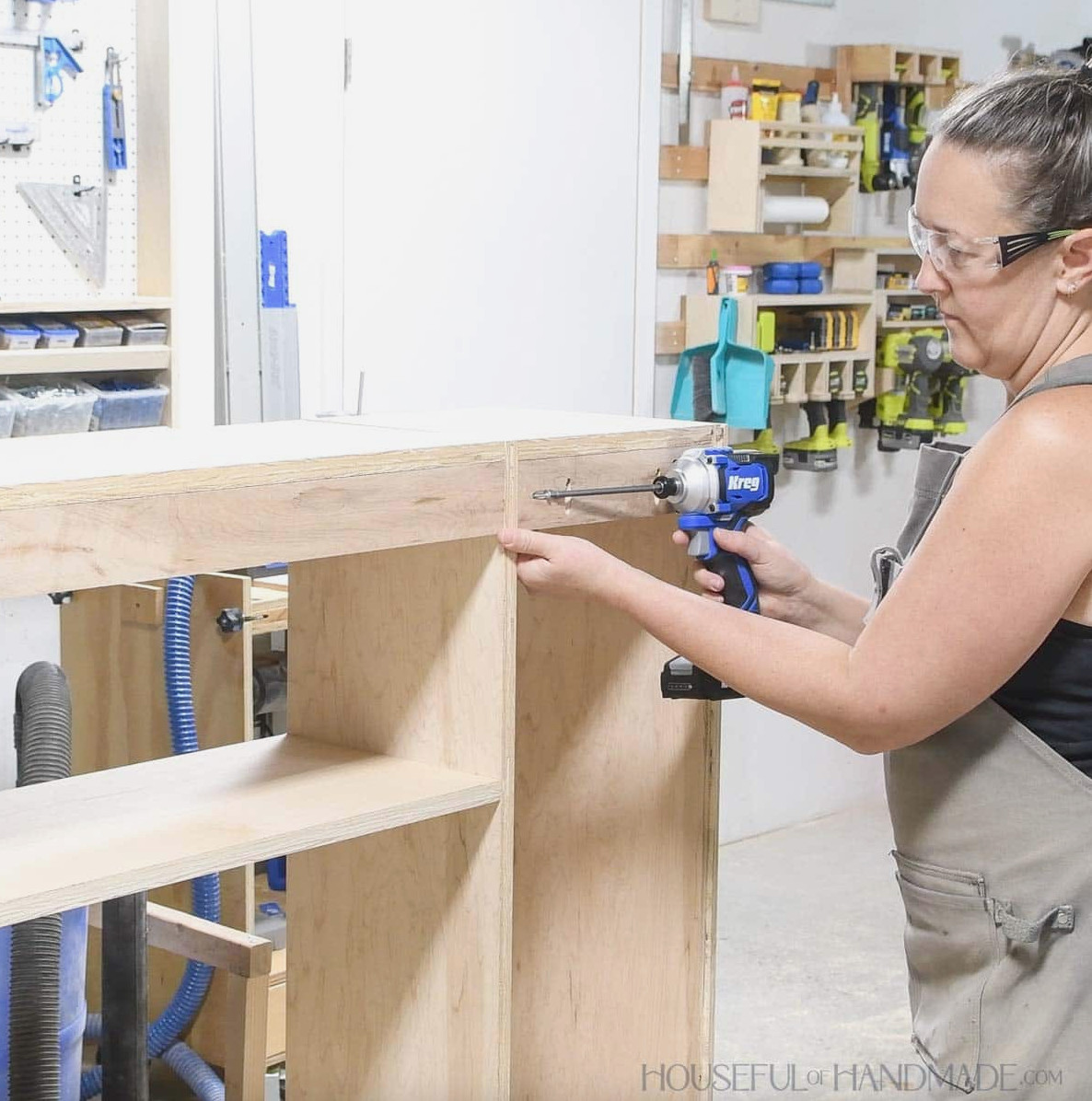 Adding the back support to the smaller cabinet with pocket holes. 
