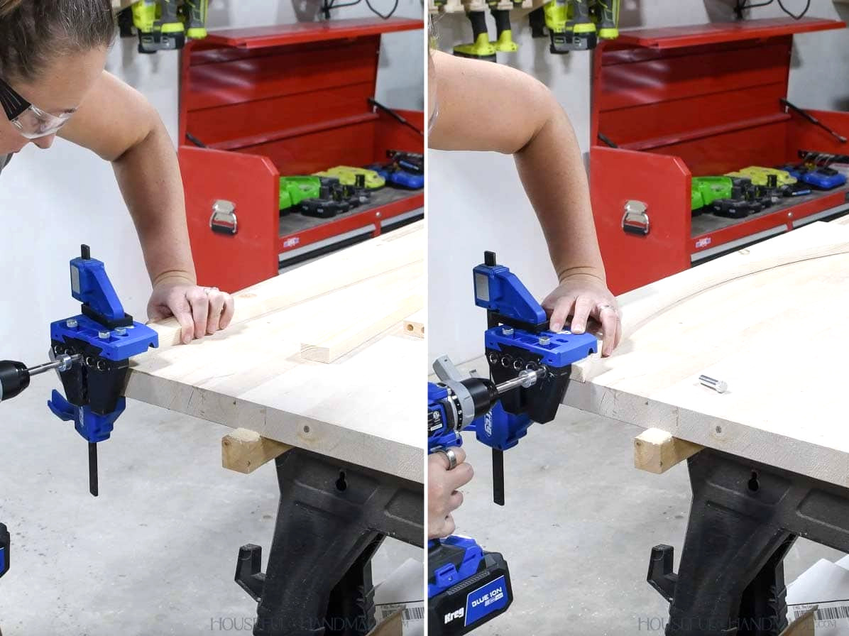 Making dowel pin holes in the face frame rails. 