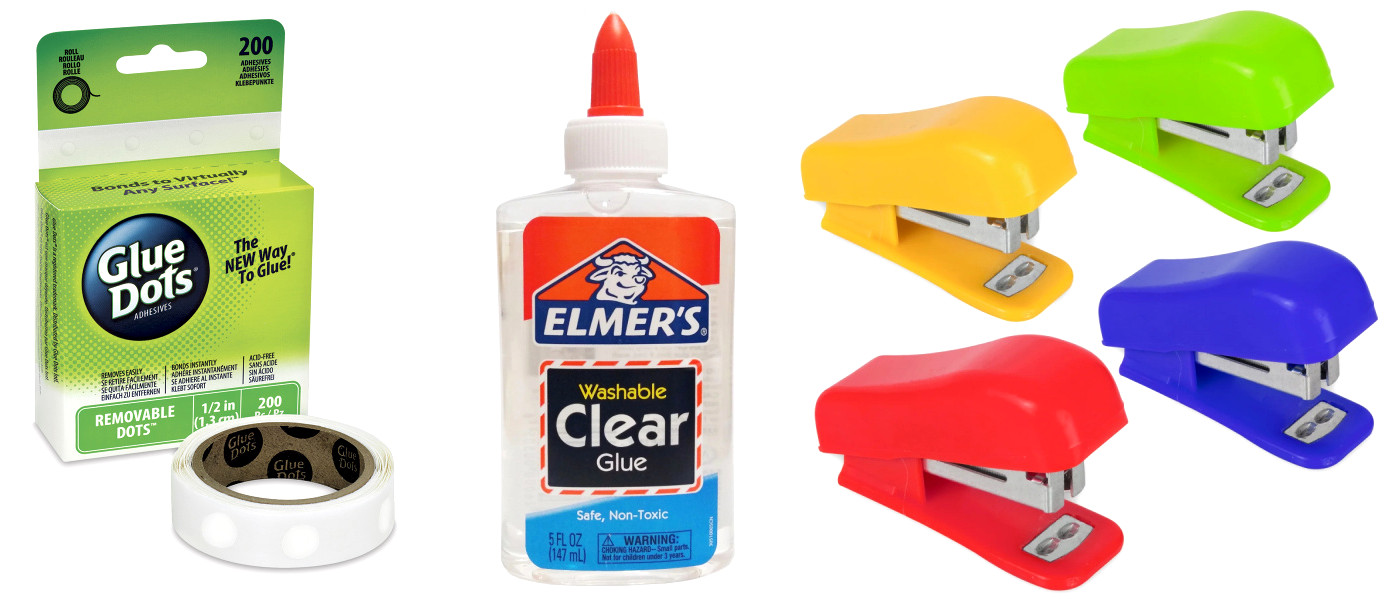 Glue Dots, Elmer's glue, and staplers