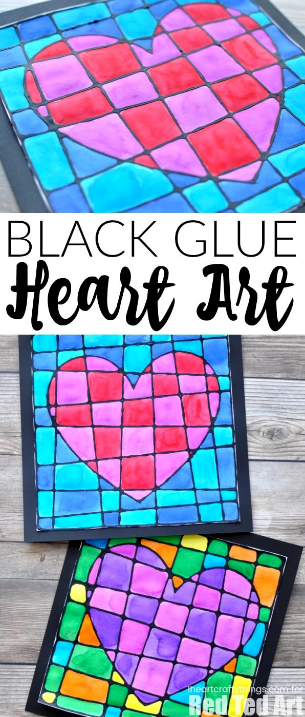 Black Glue Heart Art Project - Stained Glassed Heart Art. How beautiful is this art projects for kids this Valentine's Day? Would make a gorgeous gift too! #blackglue #heartart #valentinesday #artprojects #kidscrafts #art