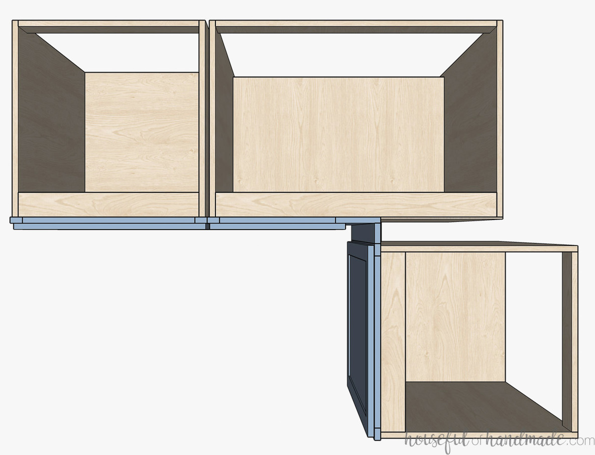 Top down sketch of a blind corner base cabinet.