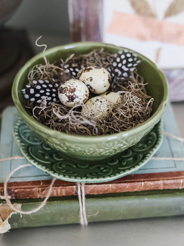 green bowl and saucer with bird eggs on vintage book stack