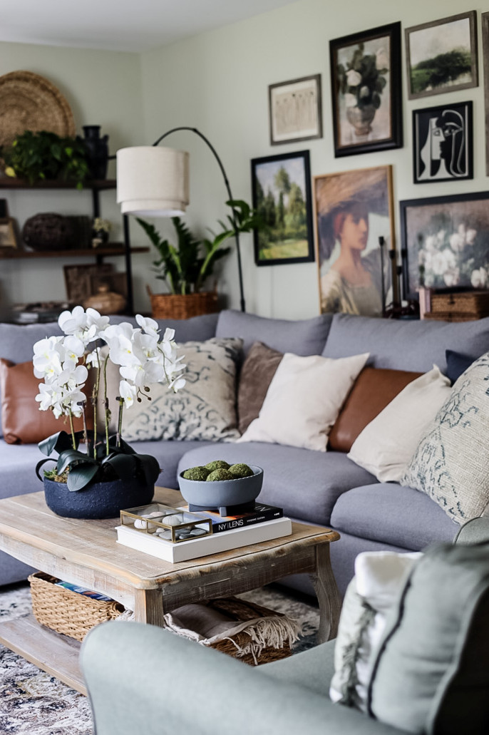 living room with large gallery wall and gray sectional