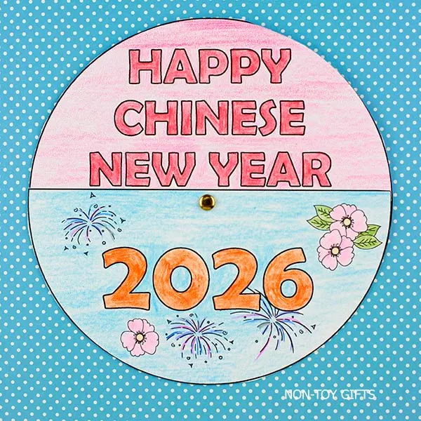 Printable Happy Chinese New Year spinner craft for kids featuring a rotating paper wheel with 2026, a fun and easy Lunar New Year craft to print and assemble