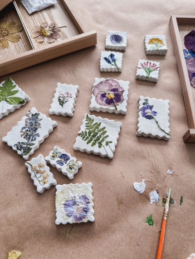 pressed flower air-dry clay magnets in progress