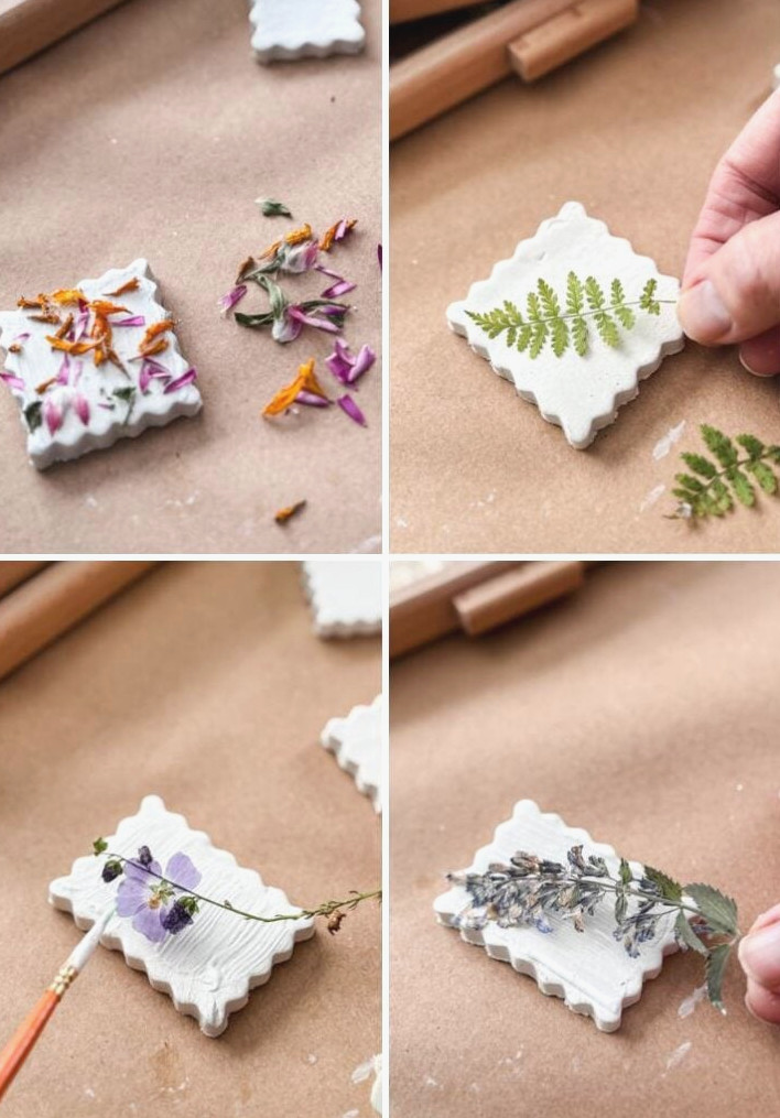 collage showing pressed flowers being attached to clay pieces