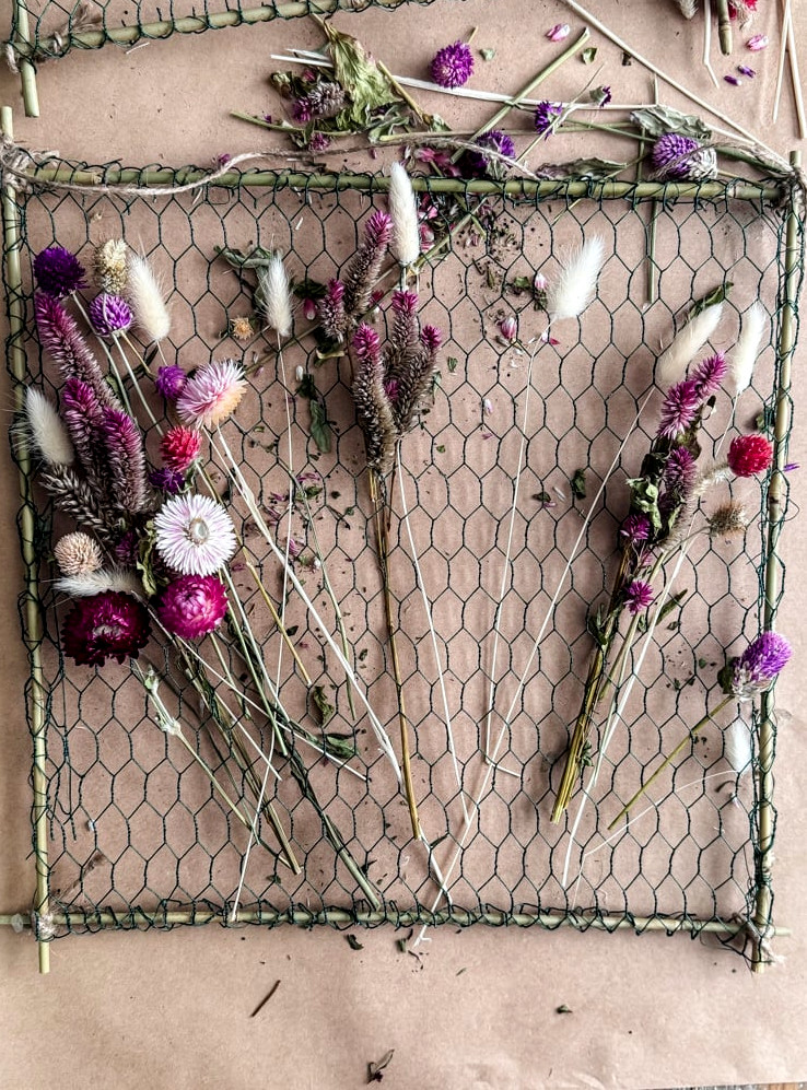 dried flowers on chicken wire frame
