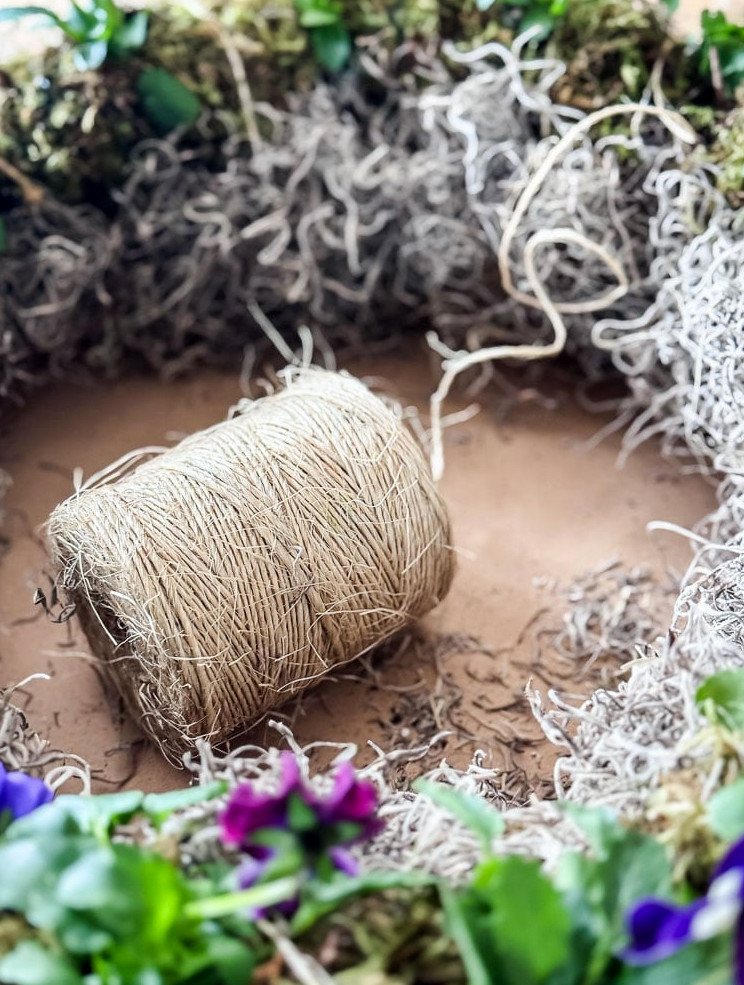 pansy wreath and ball of twine