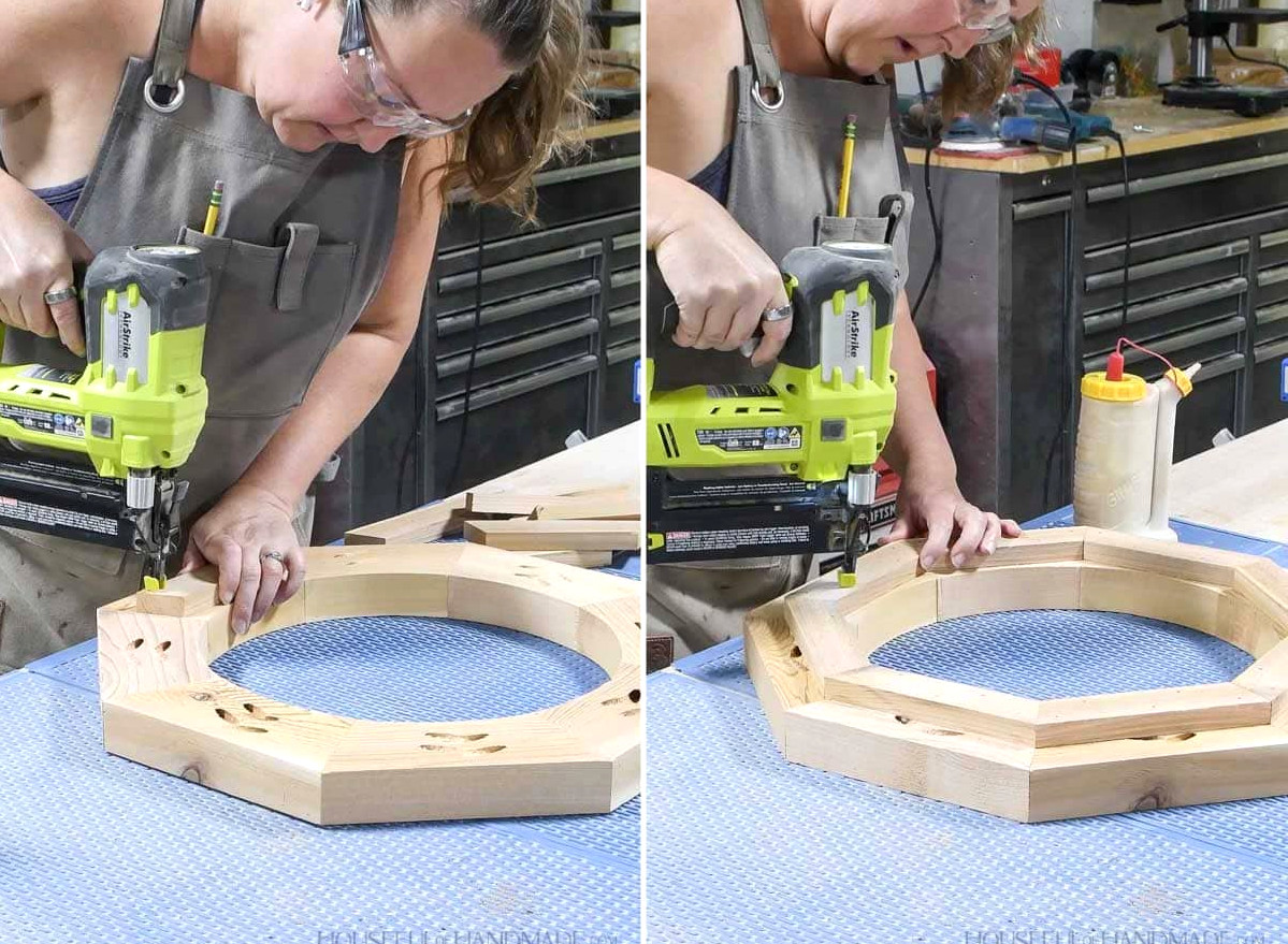Fastening 1x2 boards beneath the birdbath top with nails.