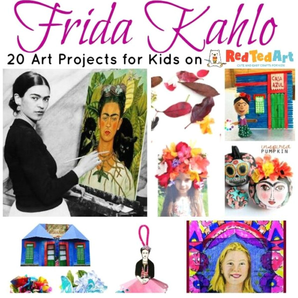Collage of Frida Kahlo Art Projects for Kids, including self portraits, Caza Azul and flower headbands.