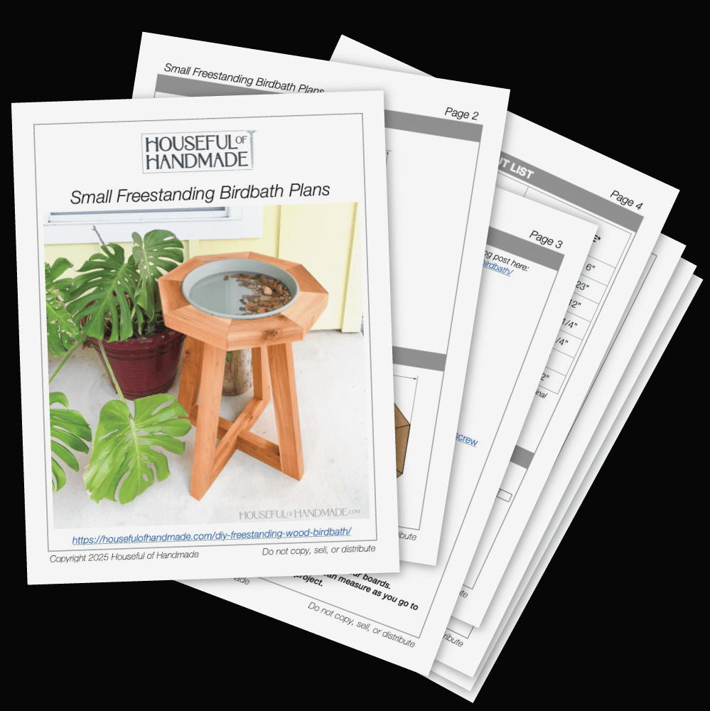 PDF plans for a small freestanding wood birdbath.
