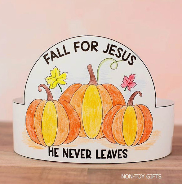 Printable Christian pumpkin paper hat activity for children to decorate, cut out, and wear during Sunday School autumn activities.