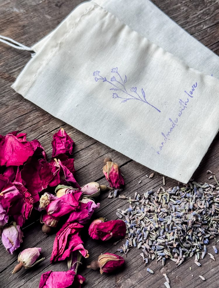 lavender buds, rose buds, and sachet bags