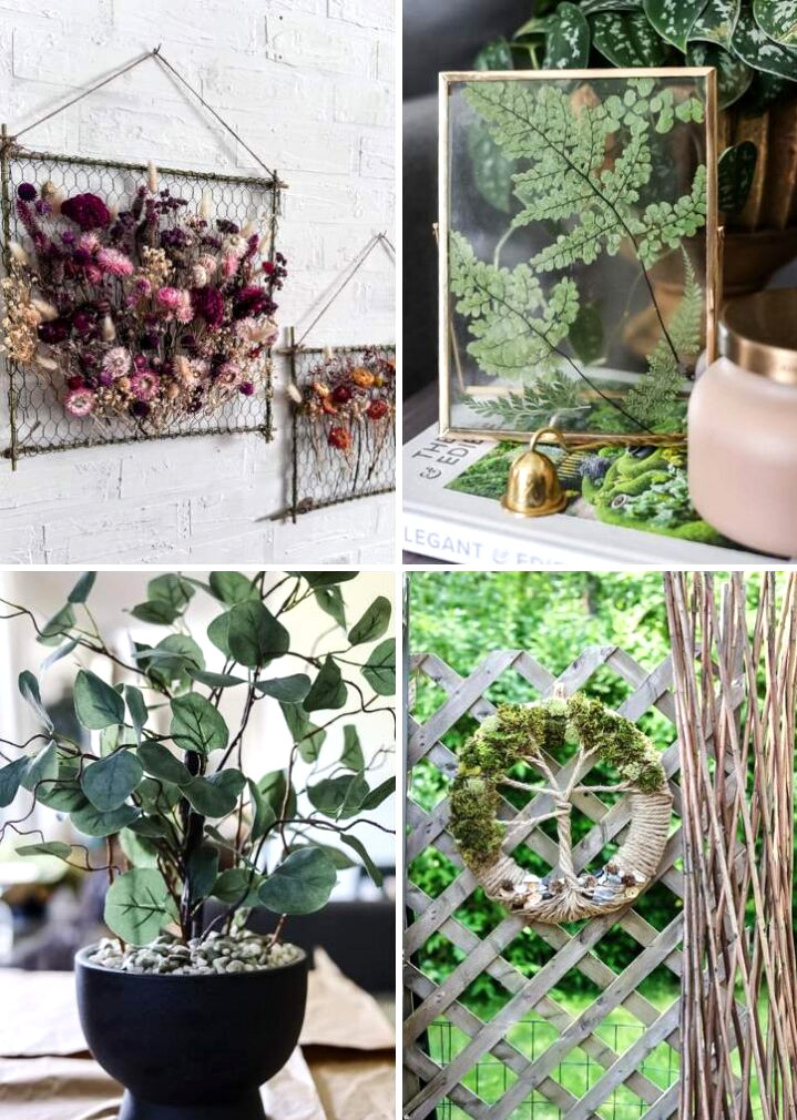collage of diy home projects including dried flower frames, framed fern, tree wreath, and eucalyptus topiary