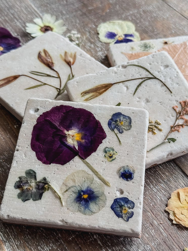 tile coasters with flowers