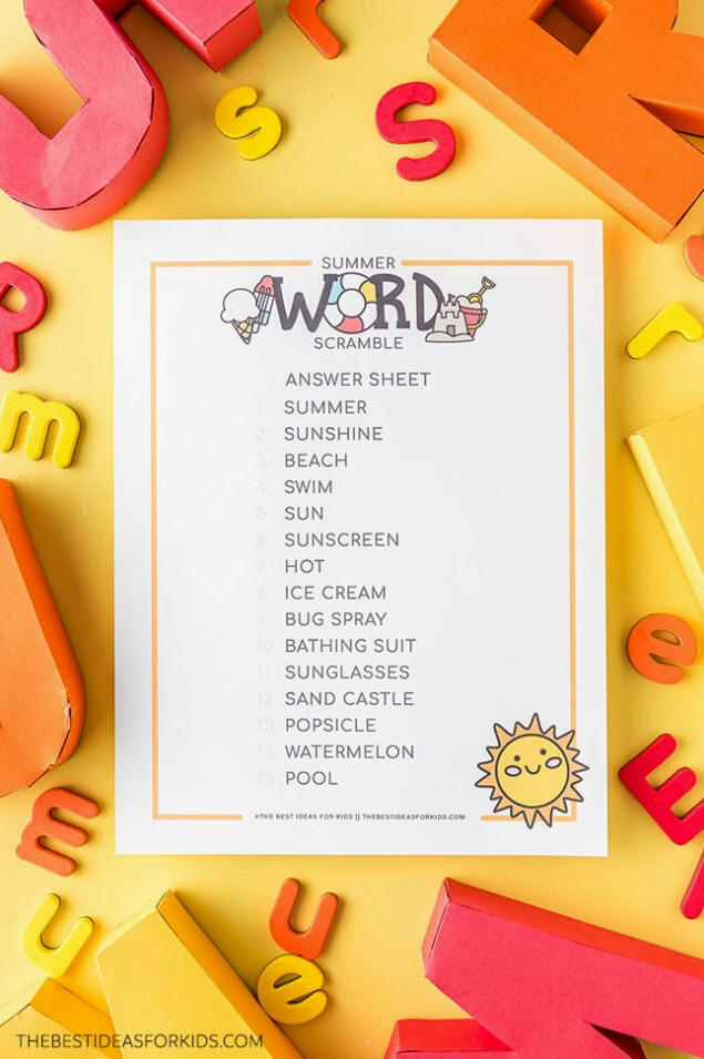 Summer Word Scramble Solution Sheet