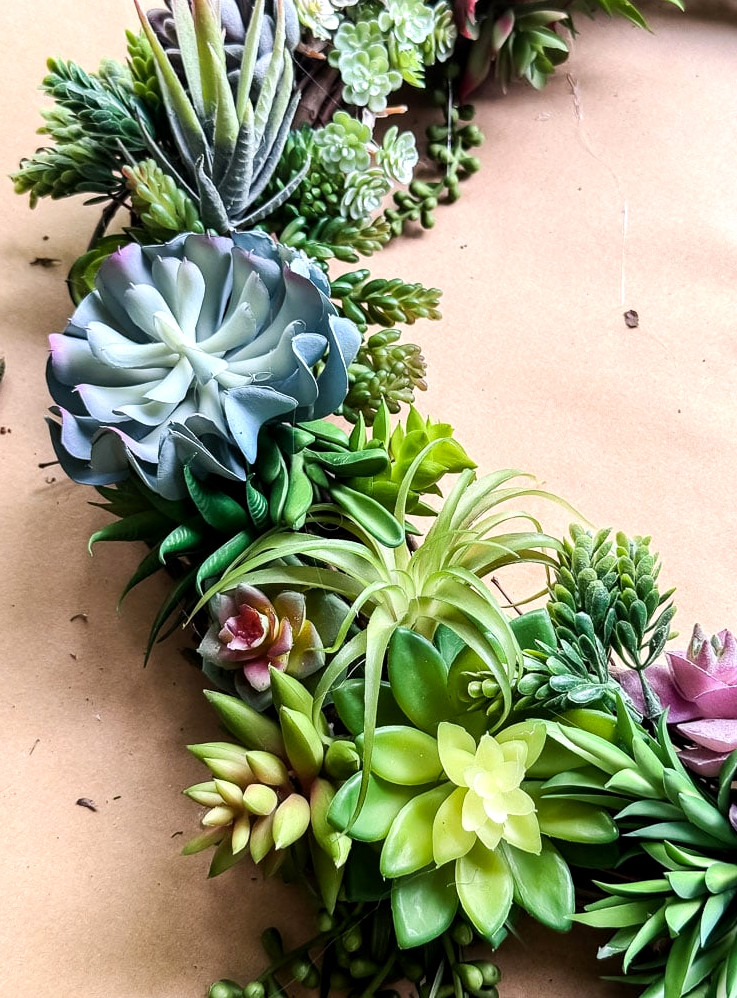 artificial succulent wreath closeup view